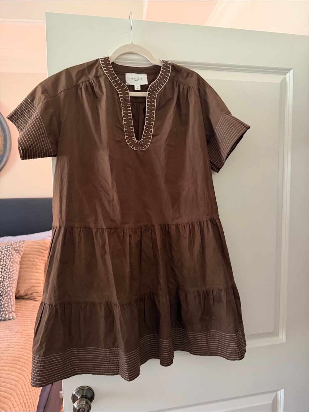 Pomander Place Brown Tiered Cotton Mini Dress with Contrast Stitching